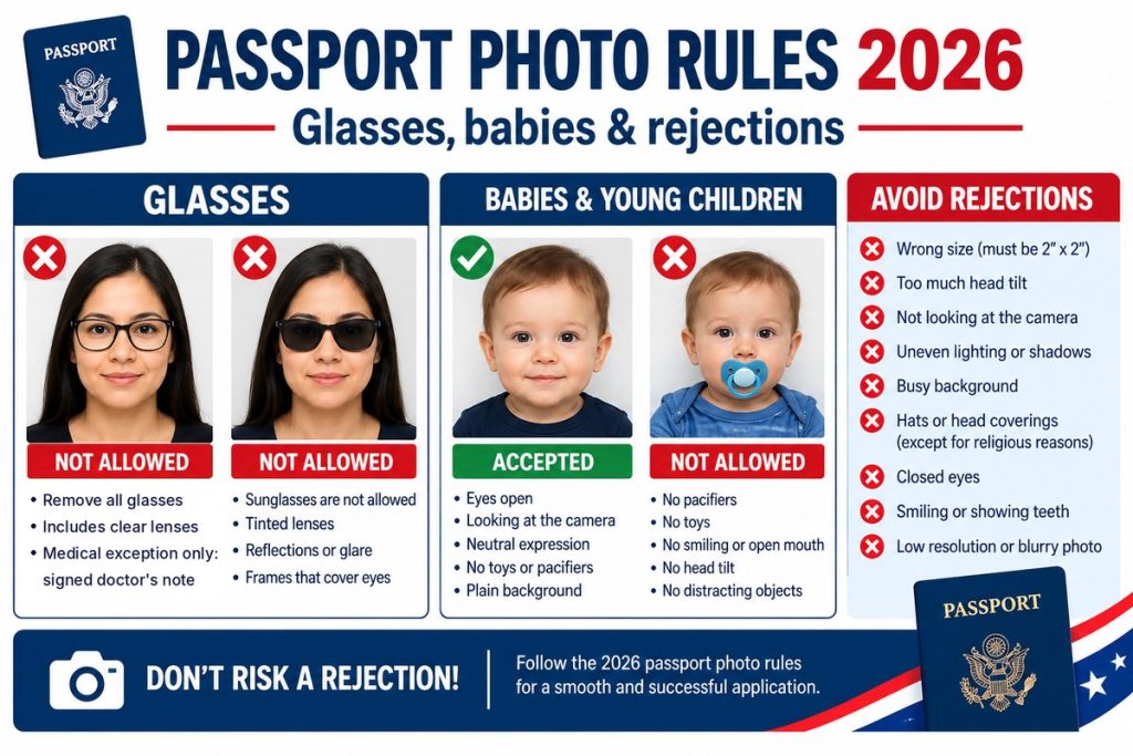 US passport photo rules for 2026: no glasses, baby photo tips and common rejection reasons