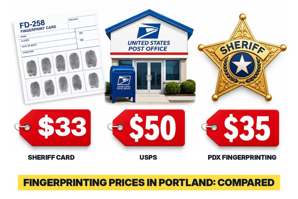 Portland fingerprinting prices compared: sheriff card $33, USPS $50, PDX Fingerprinting $35