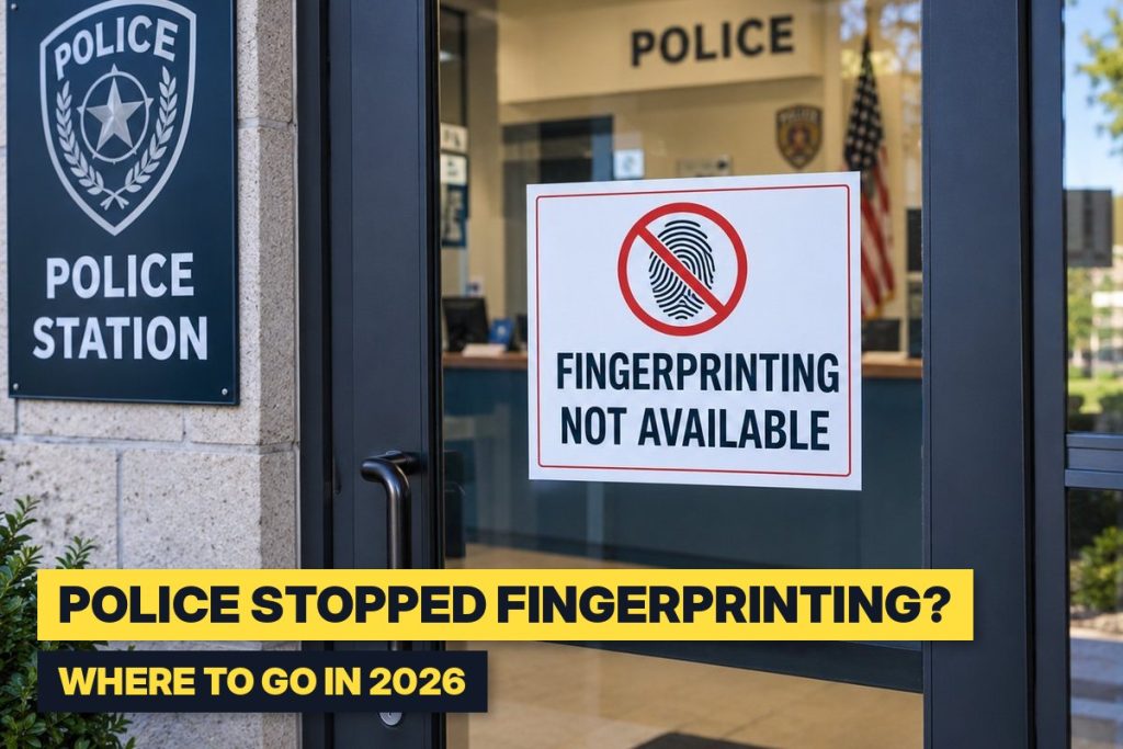 Police station door with Fingerprinting Not Available sign, showing where to get fingerprinted near Portland in 2026