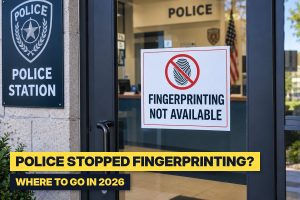 Police station door with Fingerprinting Not Available sign, showing where to get fingerprinted near Portland in 2026