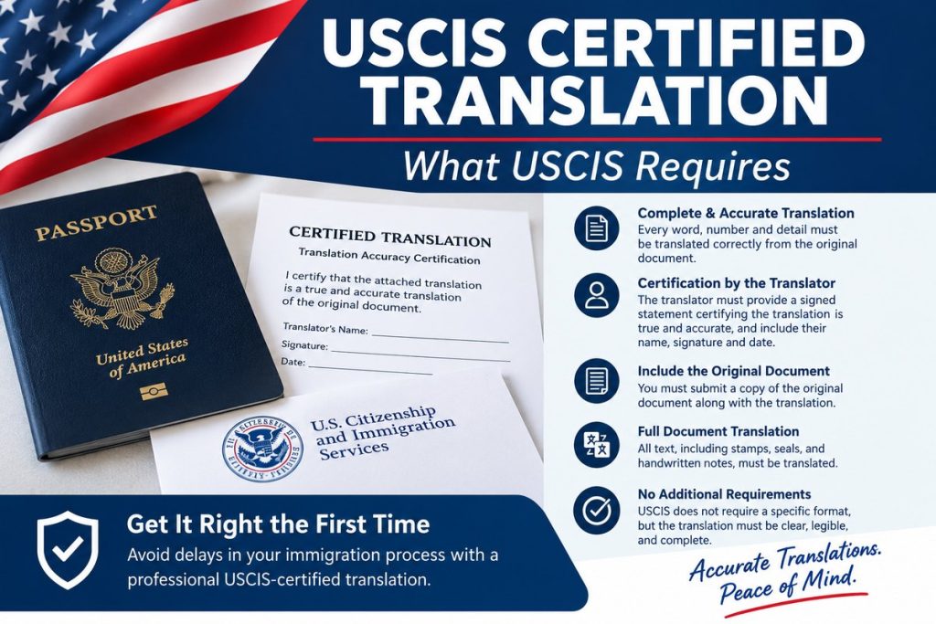 Certified English translation with signed translator certification for a USCIS application